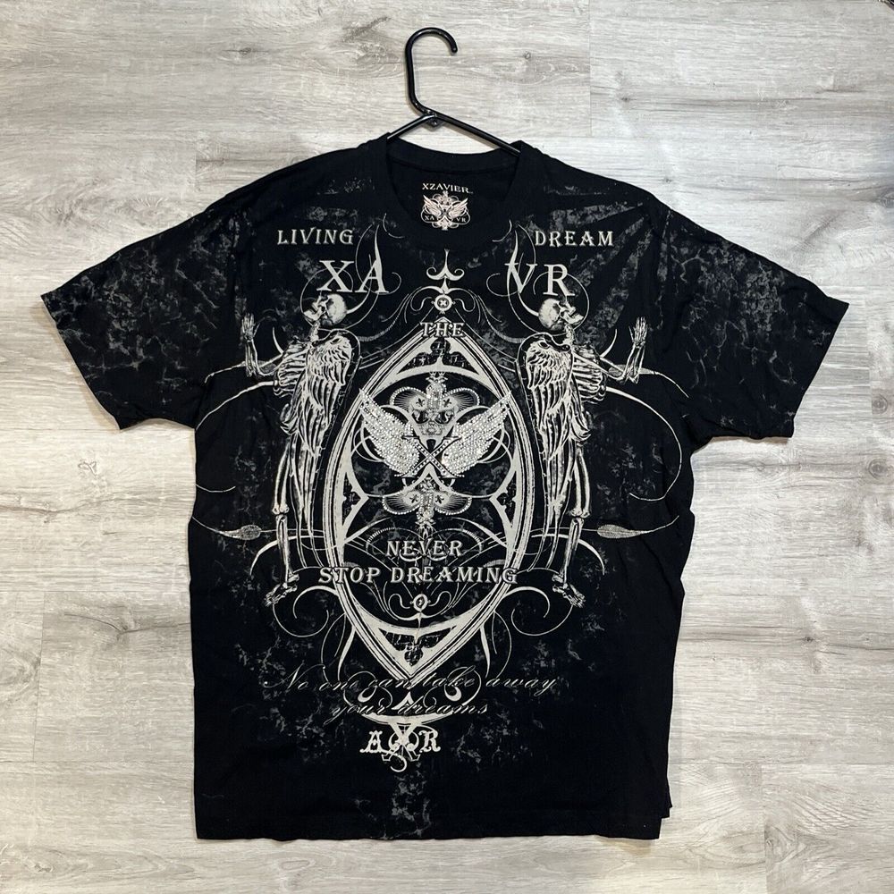 Xzavier Wings Skulls Rhinestone Grunge‎ Cyber Y2K Style T-Shirt Men's XXLarge